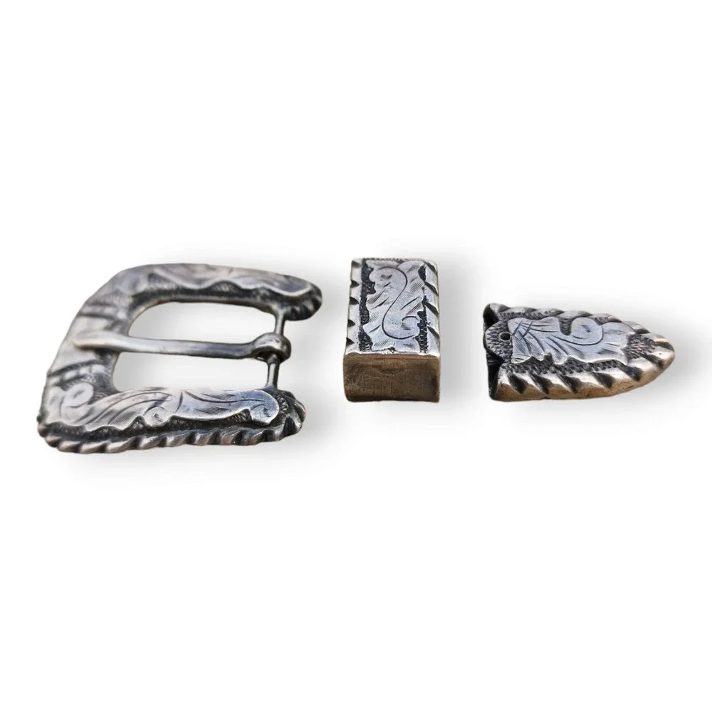 Vintage Mexico Ranger Belt Buckle Set Sterling Silver 925 Guadalajara Floral 3pc